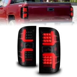 Tail Light Set LED W/ Light Bar Style Sequential Black Housing Smoke Lens Pair Chevrolet Silverado 1500 2014-2018, 2500 HD/3500 HD 2015-2019, GMC Sierra 3500 HD 2015-2019 ANZO USA